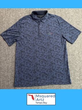 Greg Norman Shark Golf Polo Shirt Blue Camo Print Pima Cotton Medium